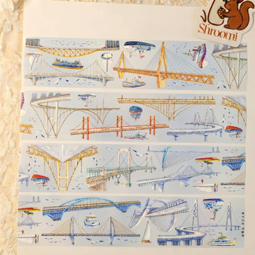 Watercolor PET tape artwork with cross-river bridges, boats, birds, and airy river scenery