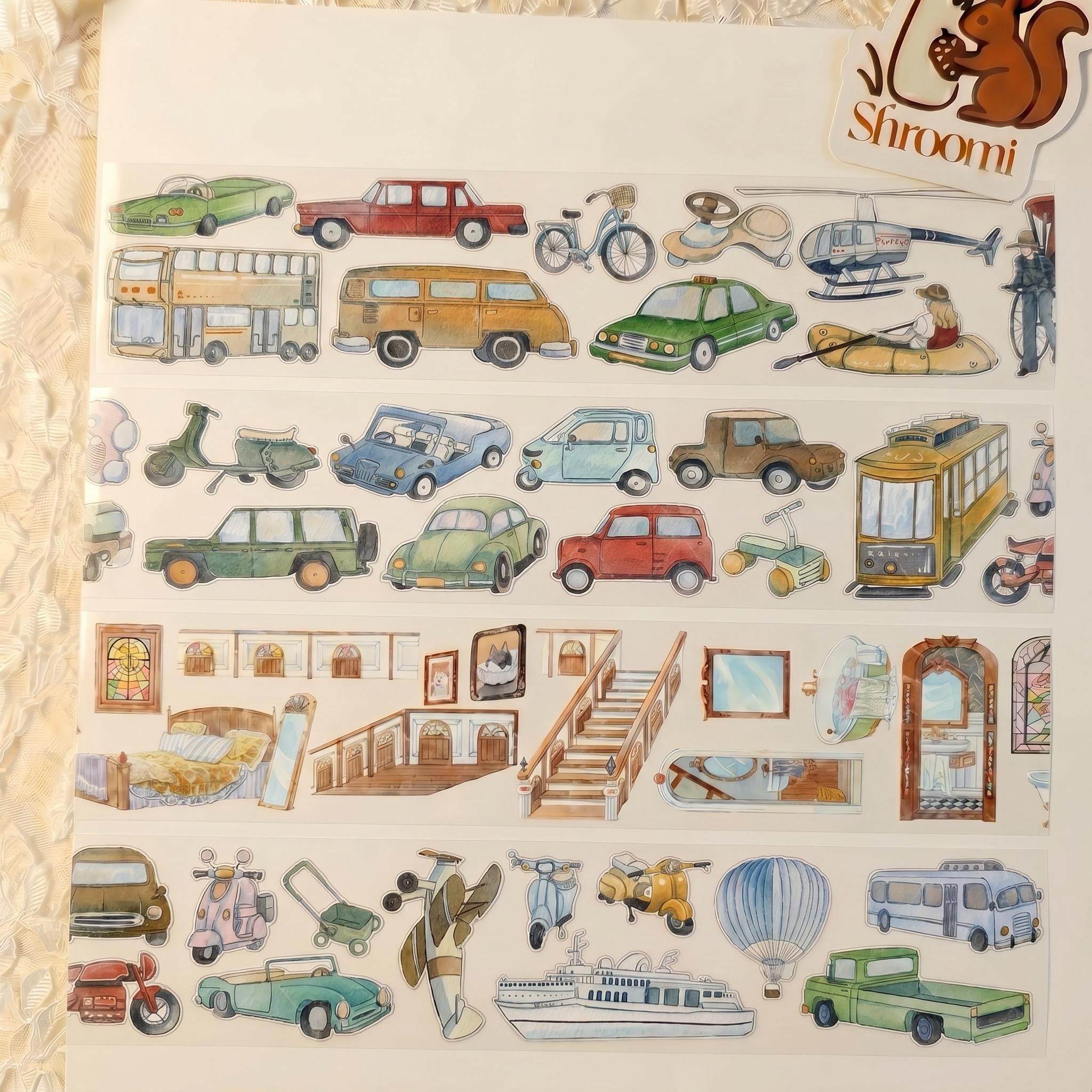Watercolor PET tape artwork with retro cars, bicycles, buses, boats, scooters, balloons, and travel icons