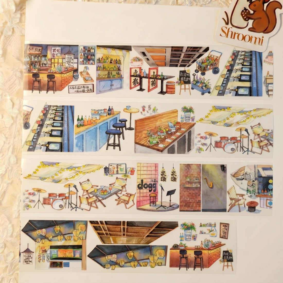 Watercolor PET tape artwork with cozy bar interiors, wine bottles, stools, shelves, lounge chairs, and warm evening lights