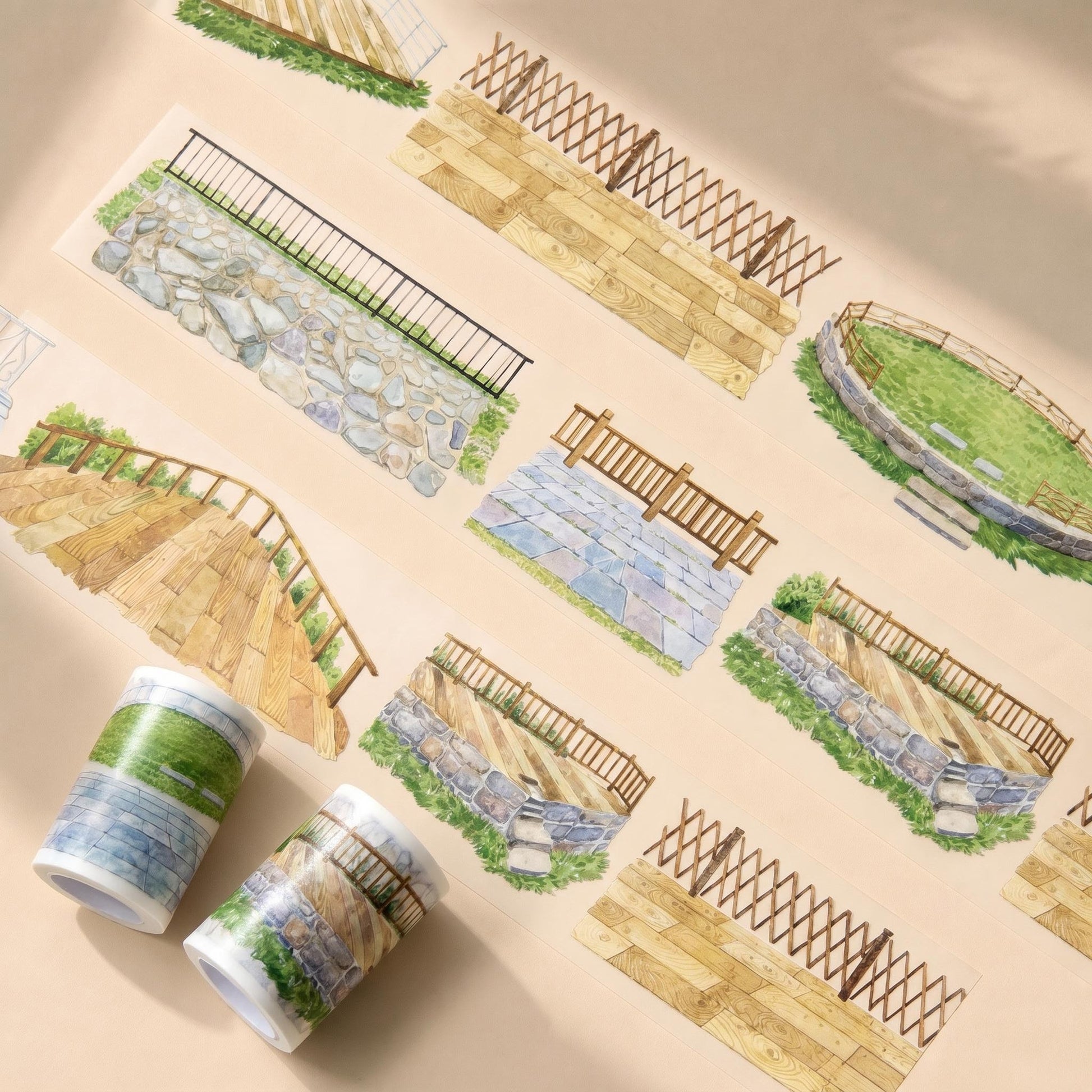Summer scene-building decorative tape with terraces, corridors, windows, railings, ocean waves, and coastal lookout designs - image 1