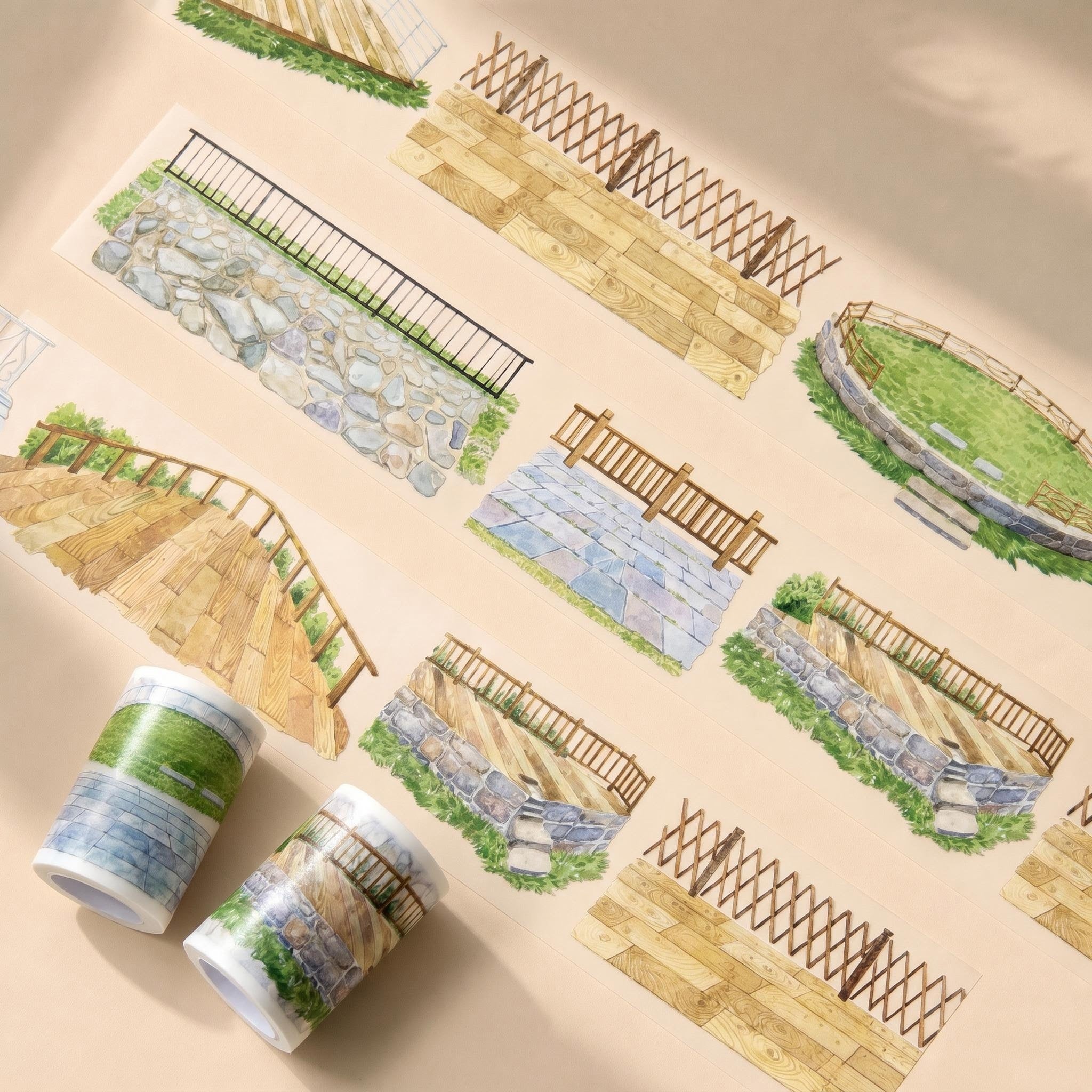 Summer scene-building decorative tape with terraces, corridors, windows, railings, ocean waves, and coastal lookout designs - image 1