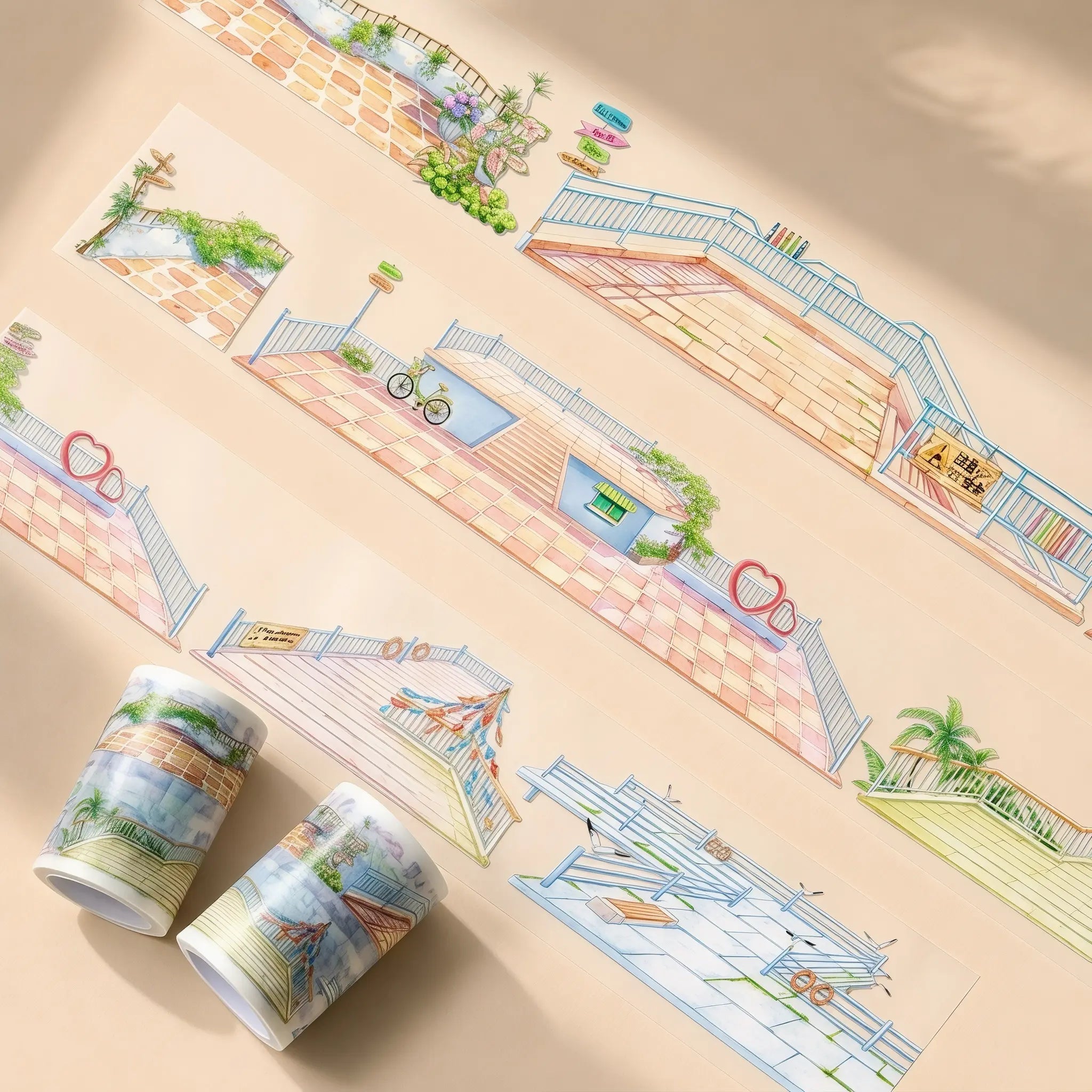Summer scene-building decorative tape with terraces, corridors, windows, railings, ocean waves, and coastal lookout designs - image 10