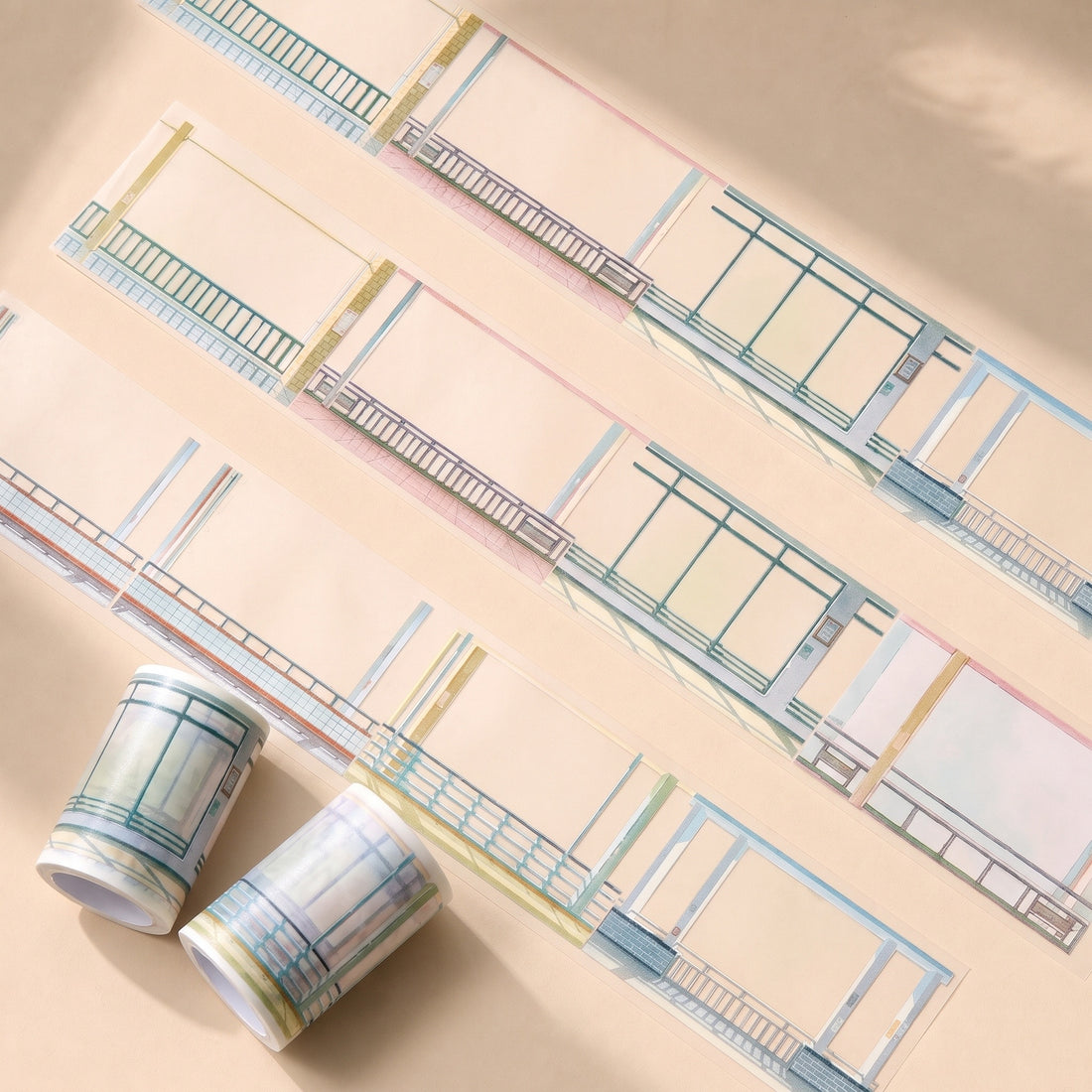 Summer scene-building decorative tape with terraces, corridors, windows, railings, ocean waves, and coastal lookout designs - image 1