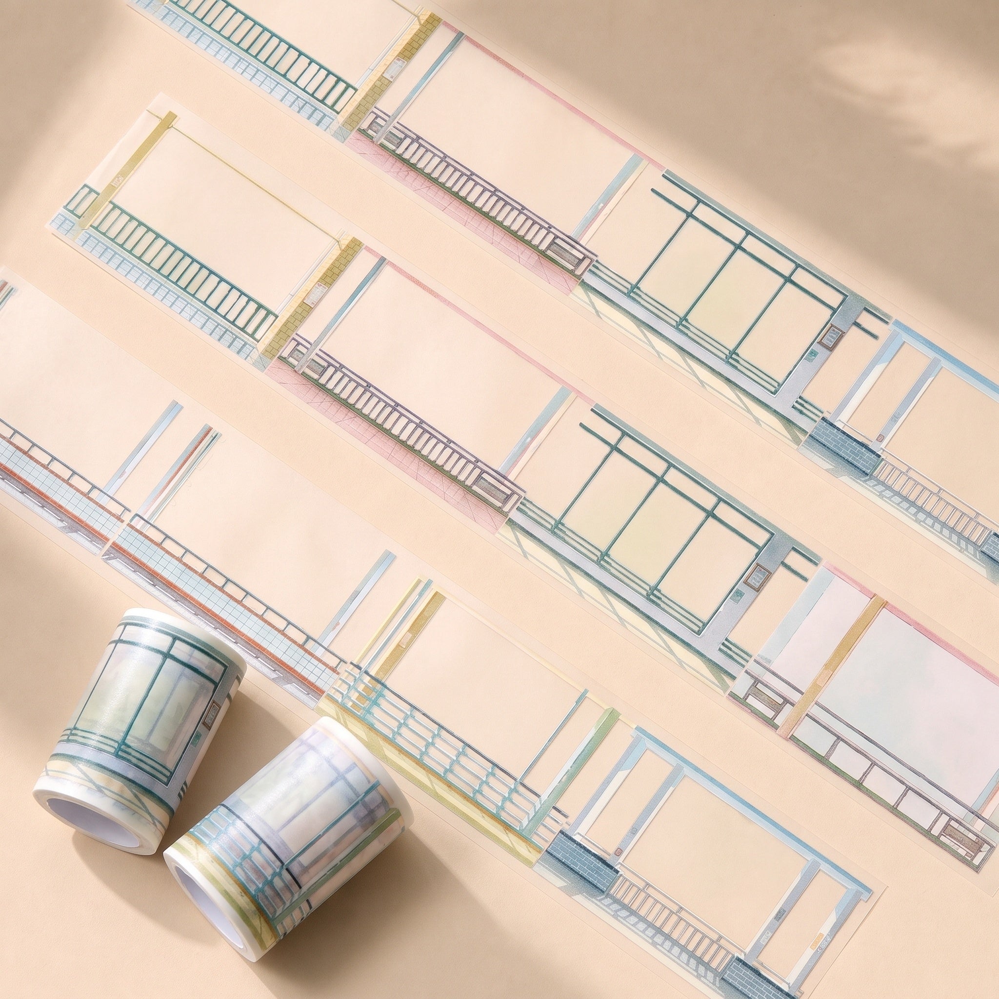 Summer scene-building decorative tape with terraces, corridors, windows, railings, ocean waves, and coastal lookout designs - image 2