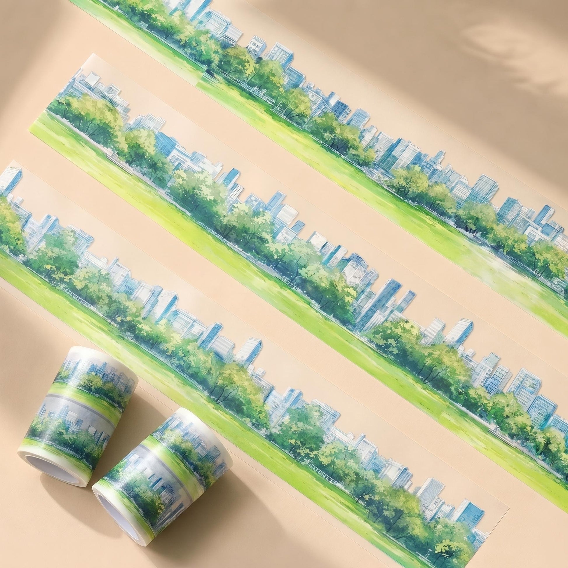 High-Rise Skyline PET Tape in daytime green colorway with modern city buildings and park edge