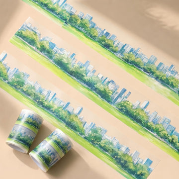 High-Rise Skyline PET Tape in daytime green colorway with modern city buildings and park edge