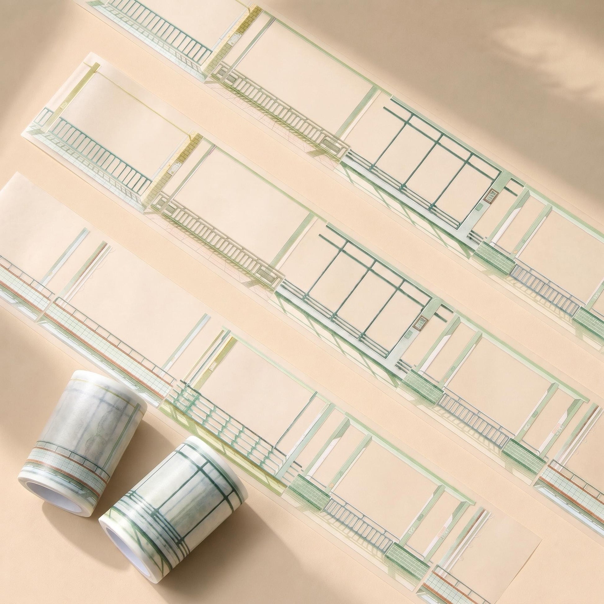 Summer scene-building decorative tape with terraces, corridors, windows, railings, ocean waves, and coastal lookout designs - image 3