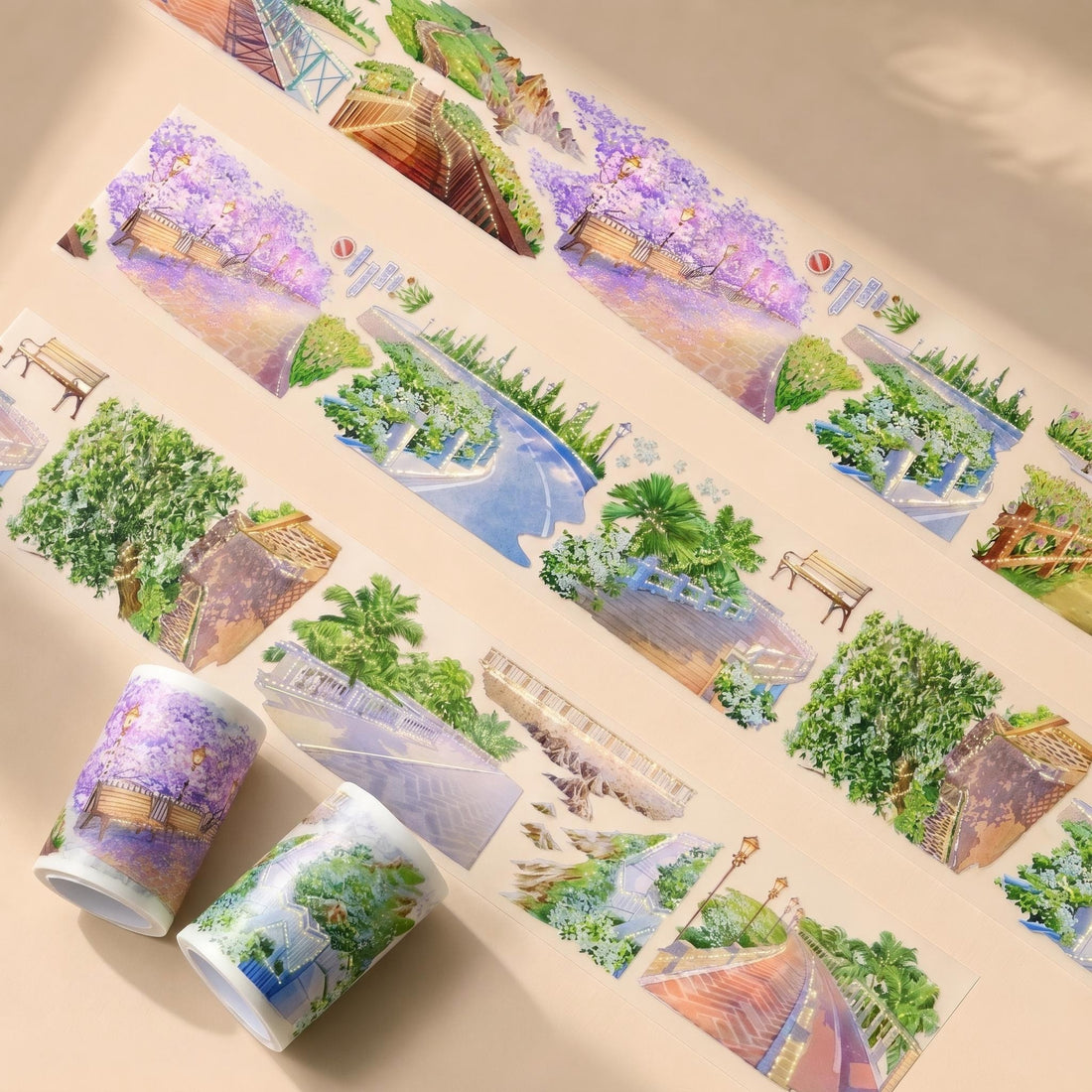 Seaside Promenade PET Tape with garden paths, curved roads, benches, and coastal greenery