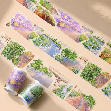 Seaside Promenade PET Tape with garden paths, curved roads, benches, and coastal greenery