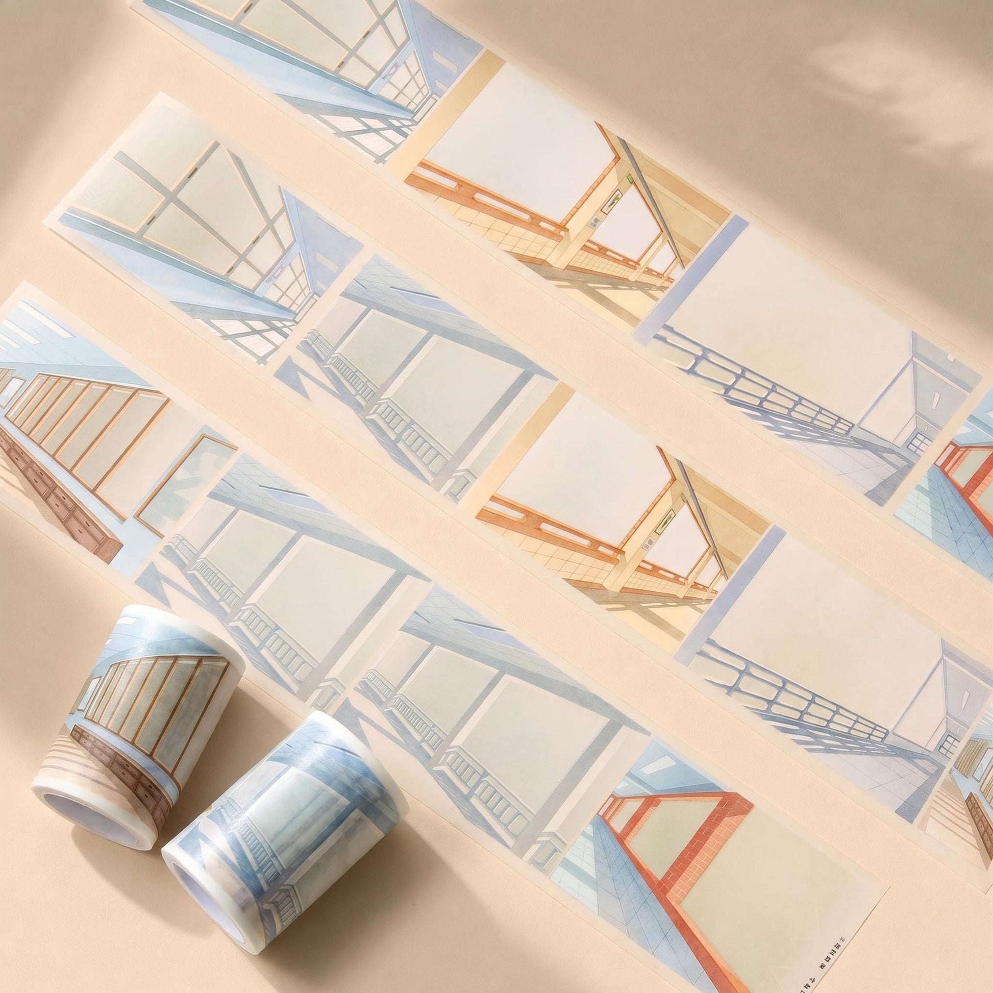 Summer scene-building decorative tape with terraces, corridors, windows, railings, ocean waves, and coastal lookout designs - image 4