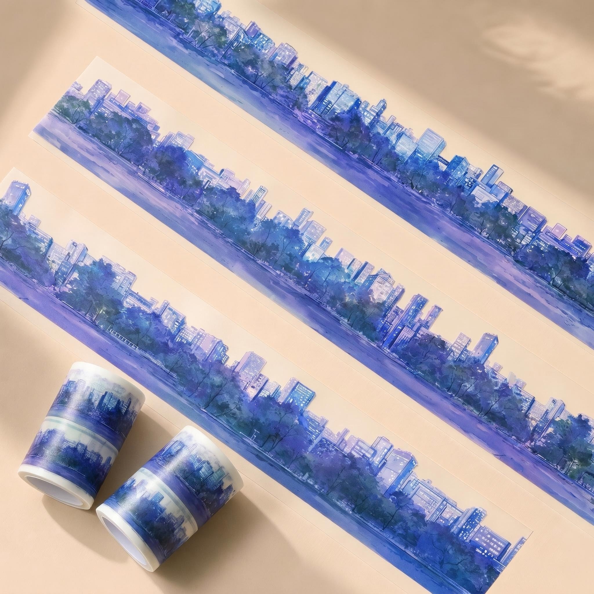 High-Rise Skyline PET Tape in night blue colorway with modern city buildings and dark skyline