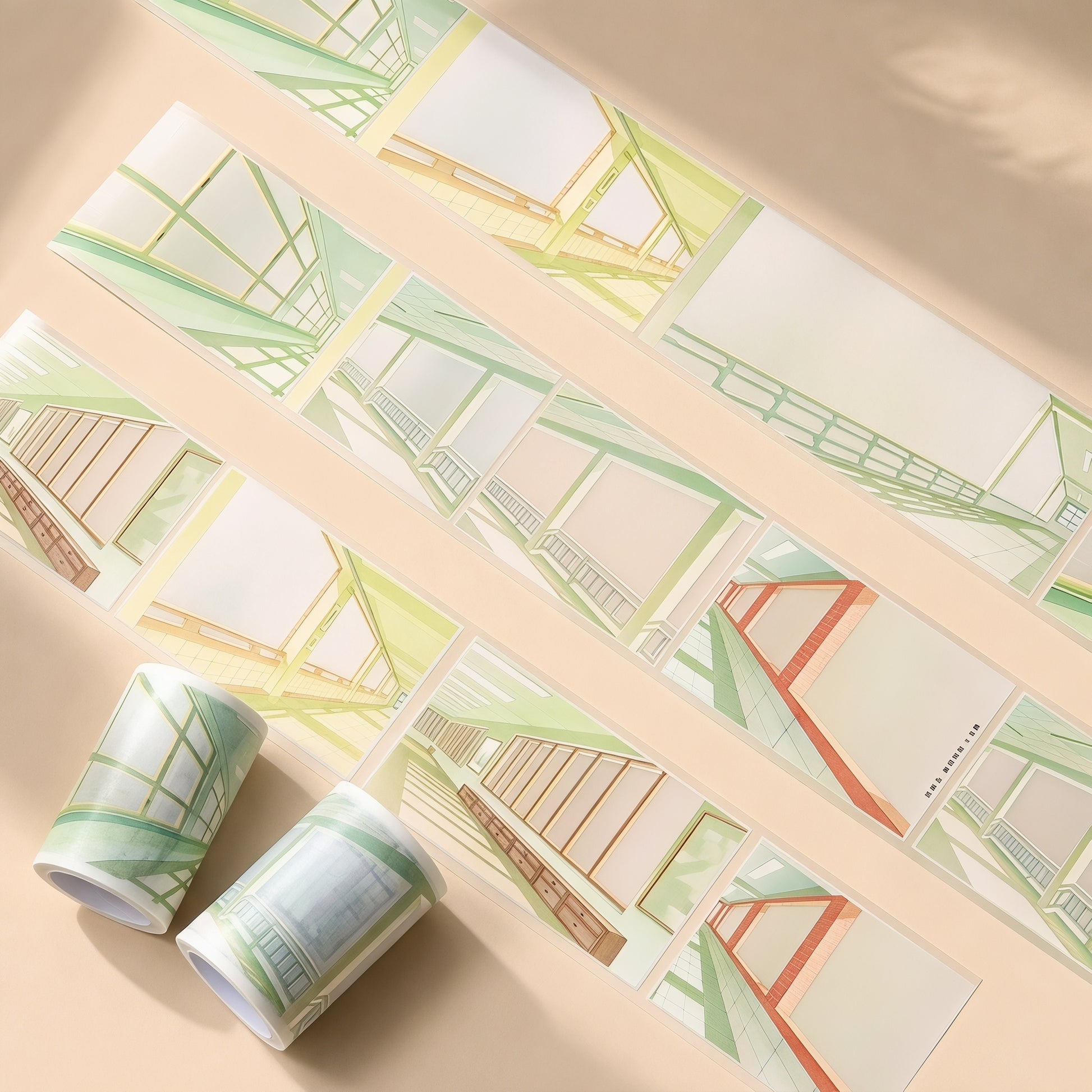 Summer scene-building decorative tape with terraces, corridors, windows, railings, ocean waves, and coastal lookout designs - image 5