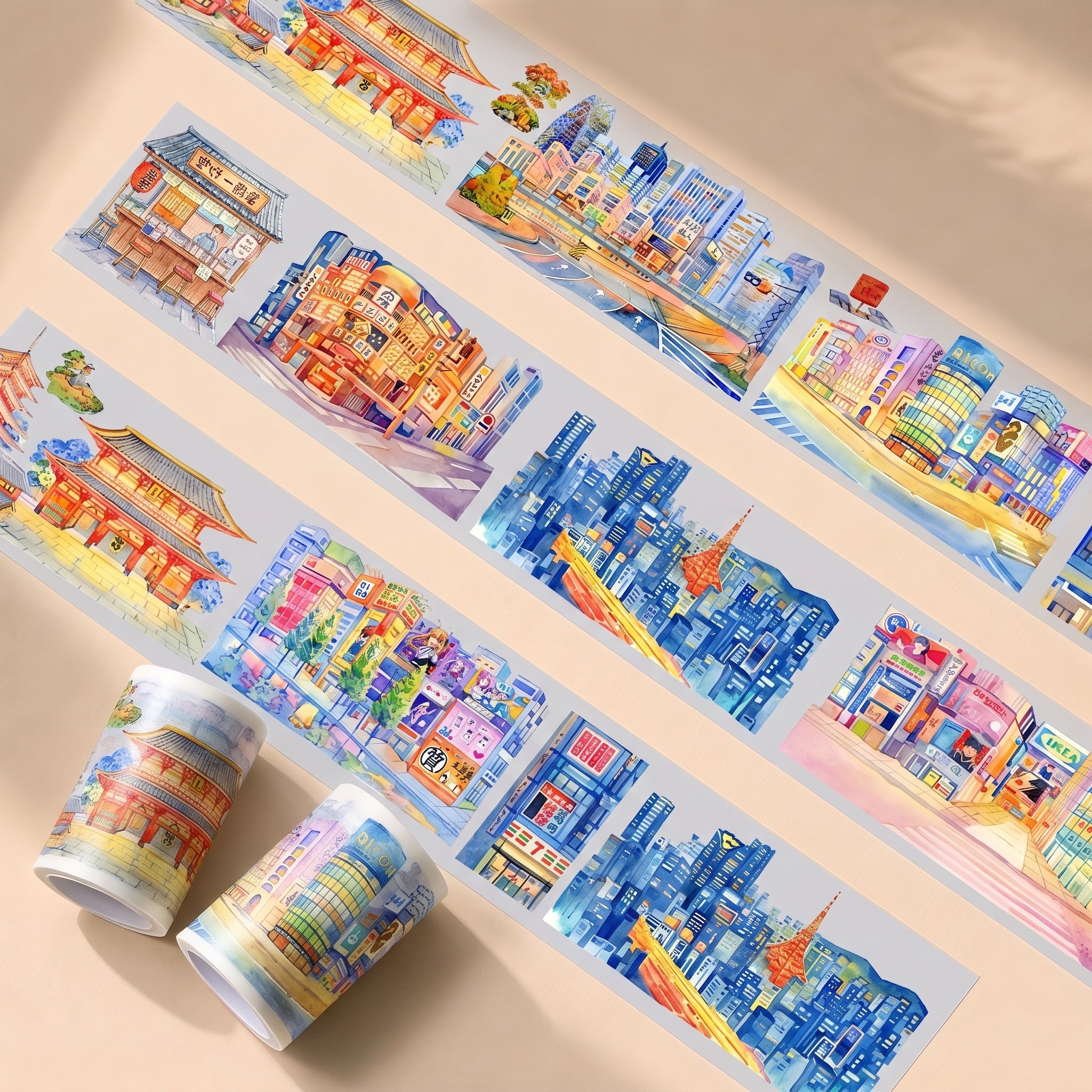 Tokyo Night Cityscape PET Tape with colorful storefronts, city lights, and skyline scenes