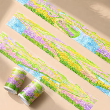 Spring Flower Field PET Tape with colorful meadow paths, flower fields, and blue stream scenery