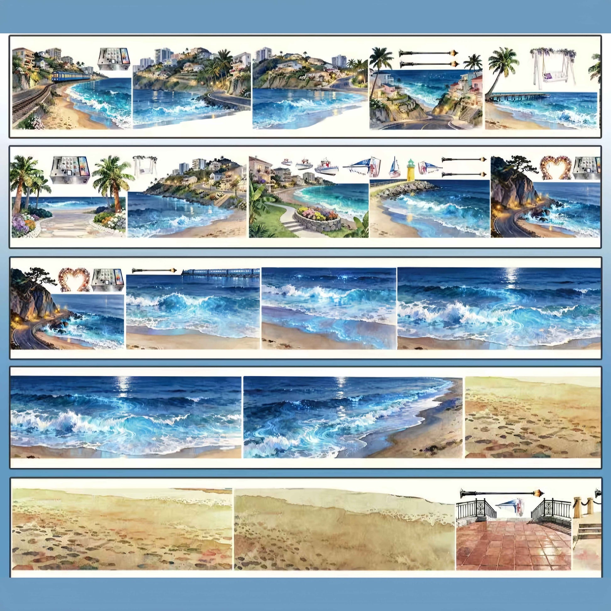 PET tape featuring a watercolor Mediterranean coastal town with cliffside buildings, palm trees, and ocean waves