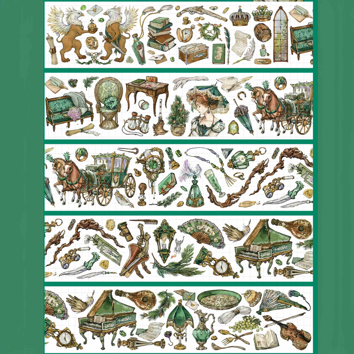 Five strips of vintage emerald curiosities washi tape