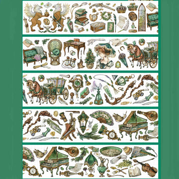 Five strips of vintage emerald curiosities washi tape