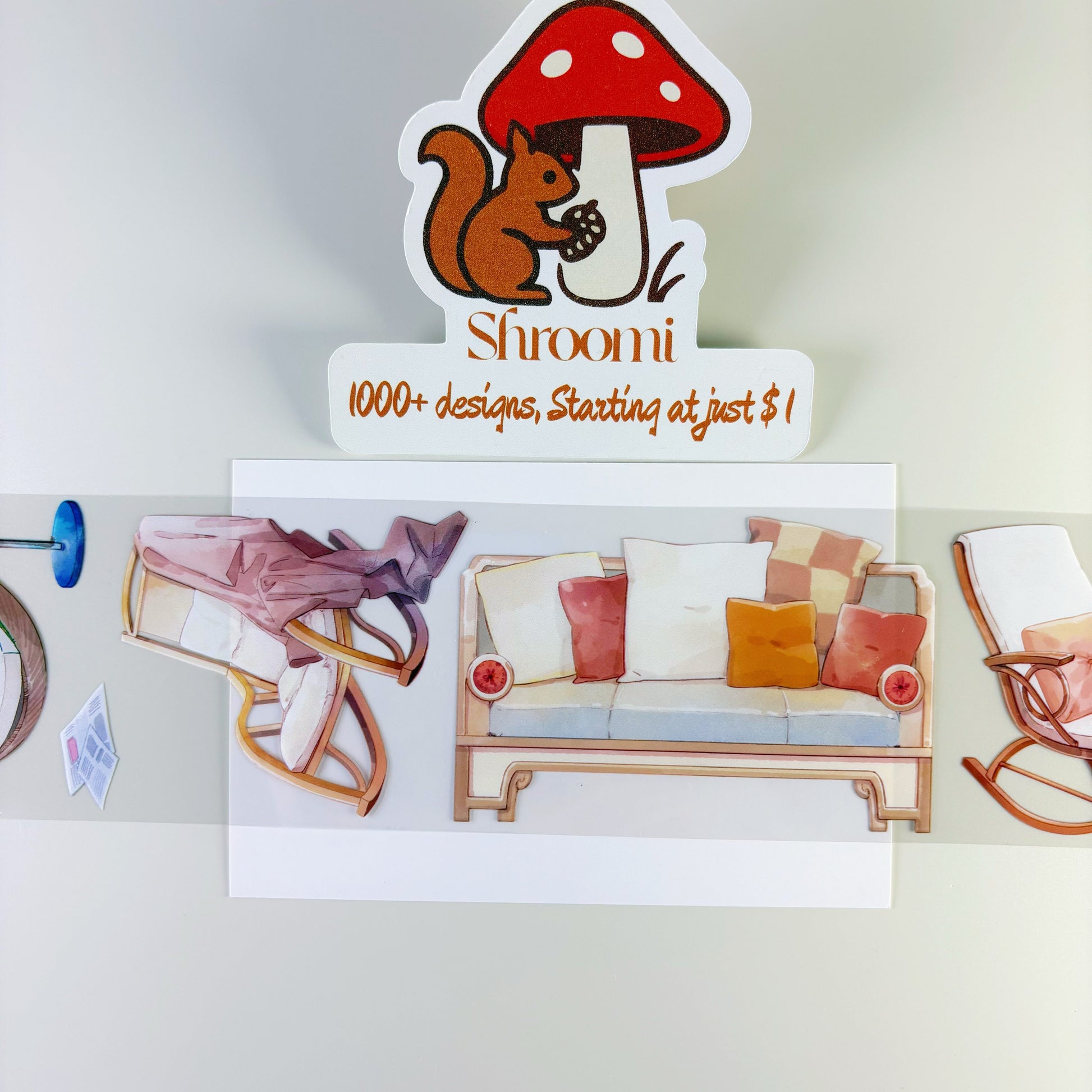 Modern Furniture 2 PET tape main product photo featuring rocking chair with draped blanket, sofa with terracotta and orange cushions, and rocking chair design