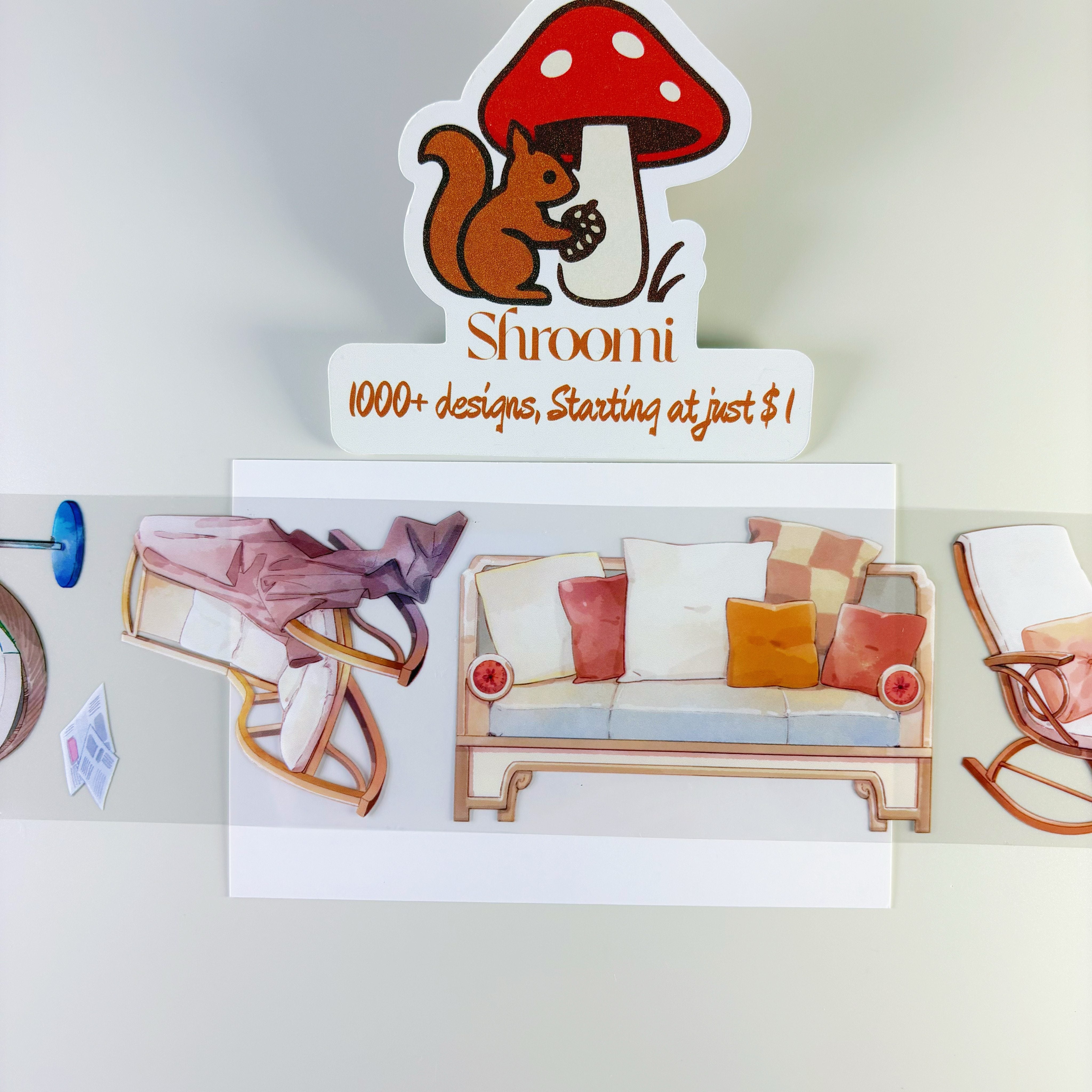 Modern Furniture 2 PET tape main product photo featuring rocking chair with draped blanket, sofa with terracotta and orange cushions, and rocking chair design