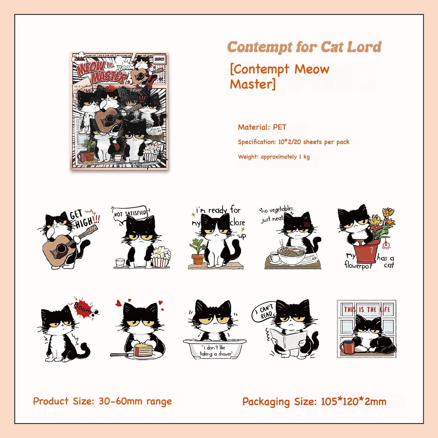Comic style black and white cat sticker pack – Cat Star, Cool Cat, Cream Puff and Meow Master characters