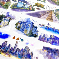 Vibrant Urban Cityscape PET Tape showcasing glowing skylines, modern buildings, and detailed streets for creative journaling.