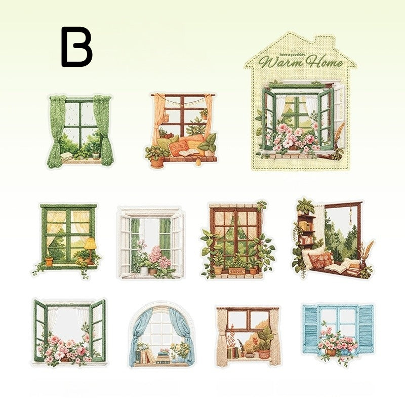 Style B cozy window sticker sheet with green windows, plants, doors, and garden room details