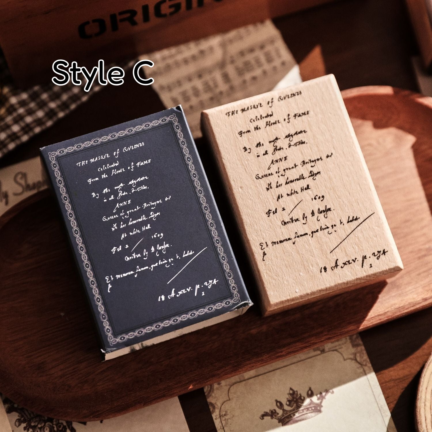 Vintage wooden stamp set with literary text designs
