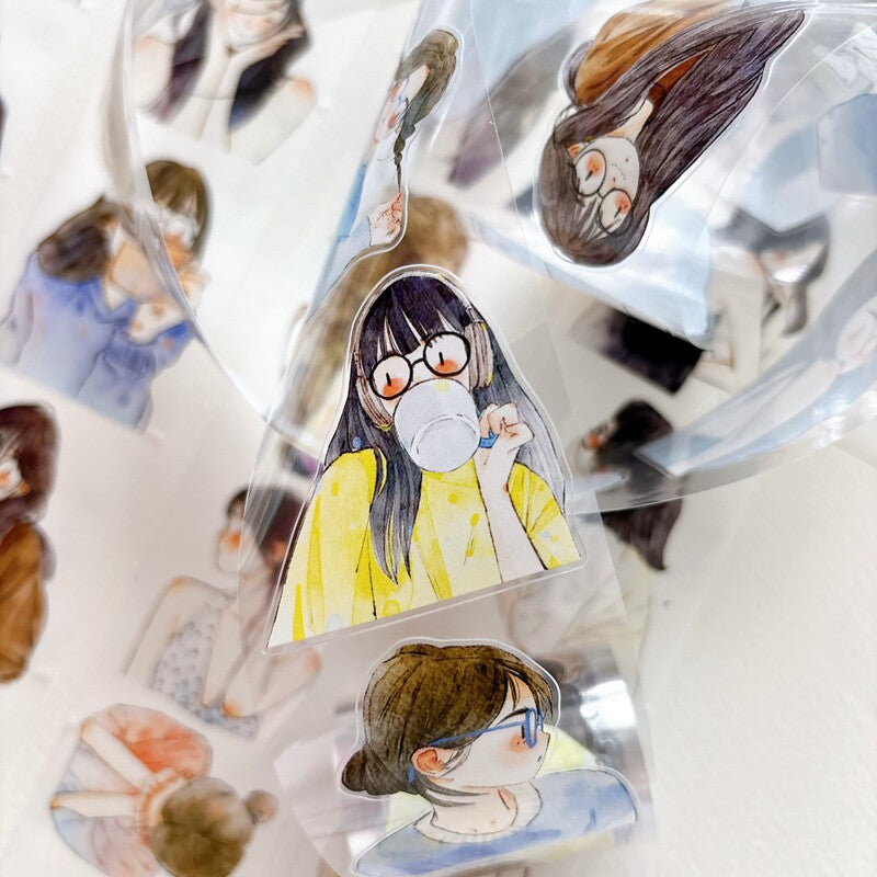 Detail of watercolor girl portrait illustrations on tape