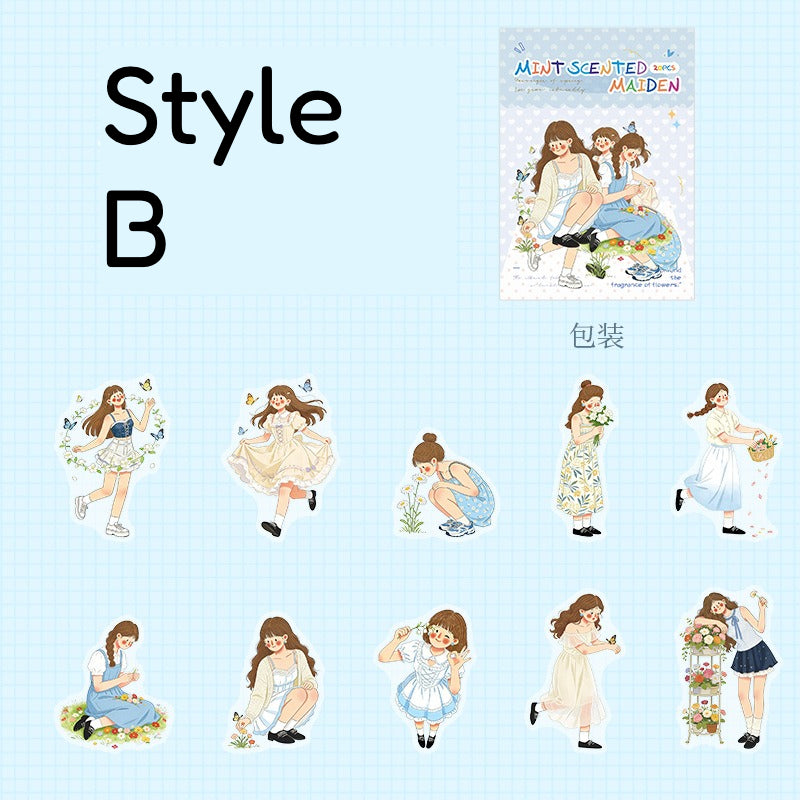 Mint-toned PET scene sticker pack with illustrated girls, house scenes, grass, flowers, blue skies, and summer details