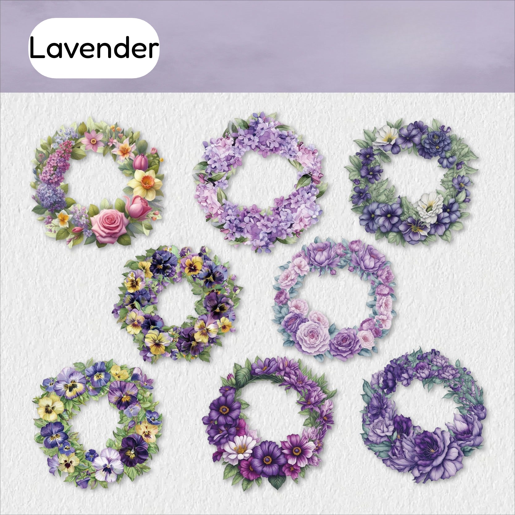 Lavender style floral wreath sticker sheet with purple flowers, lavender tones, and botanical wreaths