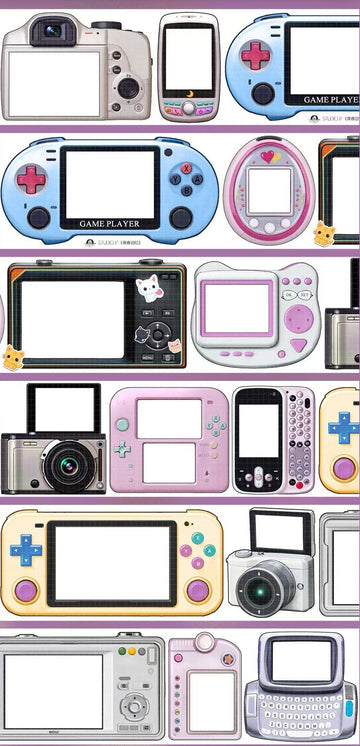 Retro Device Frame PET Tape with blank game console, camera, phone, and handheld screen frames for journaling scenes
