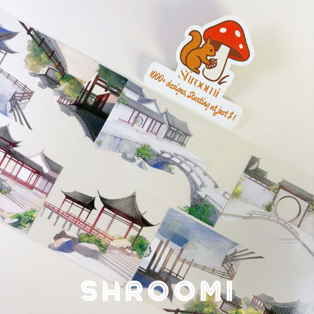 Classic Oriental Garden PET Tape Traditional Oriental Garden PET Tape | Ancient Architecture Washi Tape | Zen Courtyard Decorative Tape