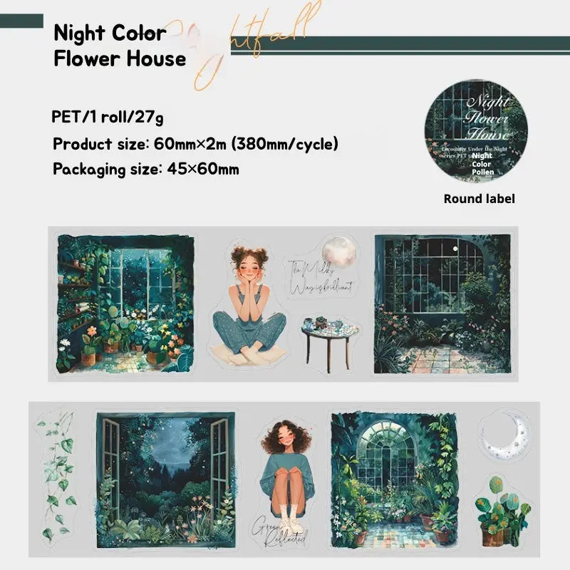 Enchanting Nightfall Series PET Tape showcasing moonlit gardens and glowing city streets in six dreamy, detailed styles.