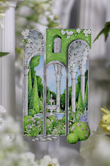 Enchanting Castle Garden Window PET Tape featuring arched windows revealing lush gardens, sparkling ponds, and fairytale towers.