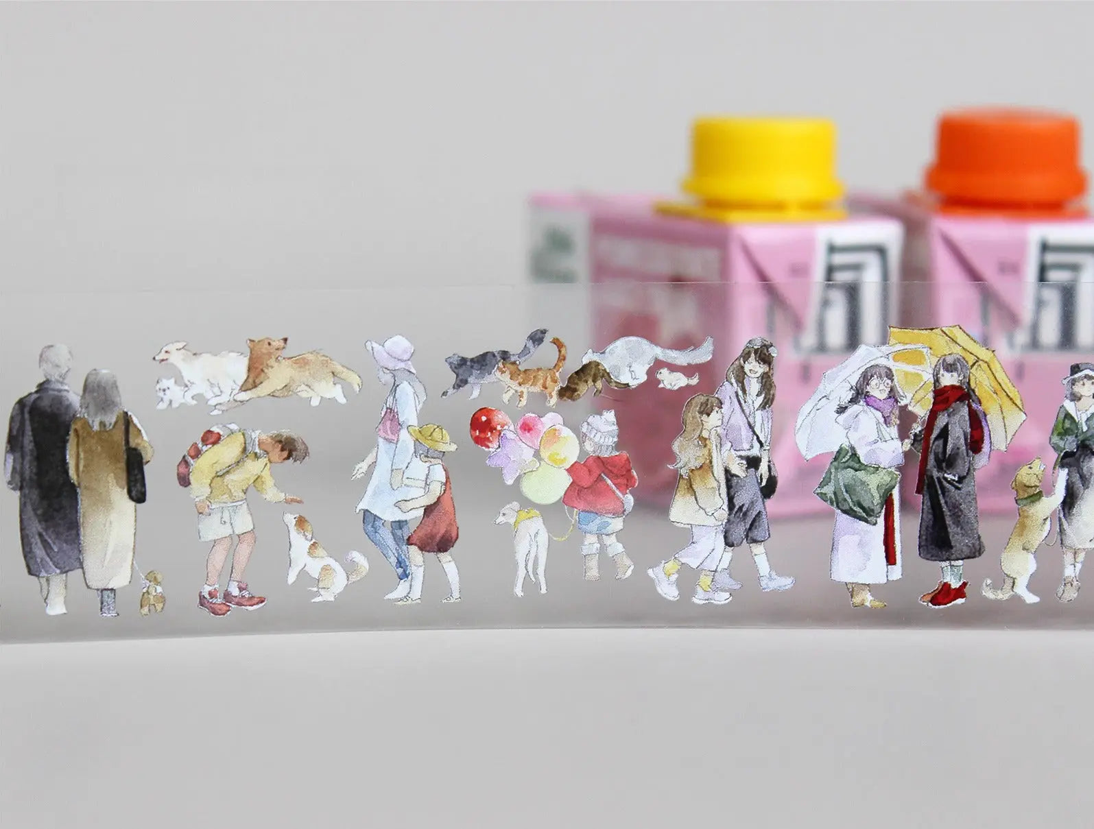 Watercolor PET tape with city wanderer characters, street musicians, cyclists, pets, umbrellas, and everyday urban scenes
