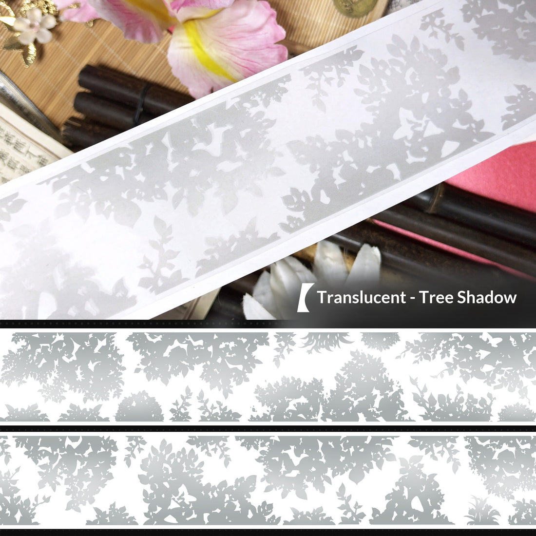 Tree Shadow translucent PET decorative tape 6cm — silver-gray tree silhouette pattern on frosted background, styled with bamboo and pink flowers