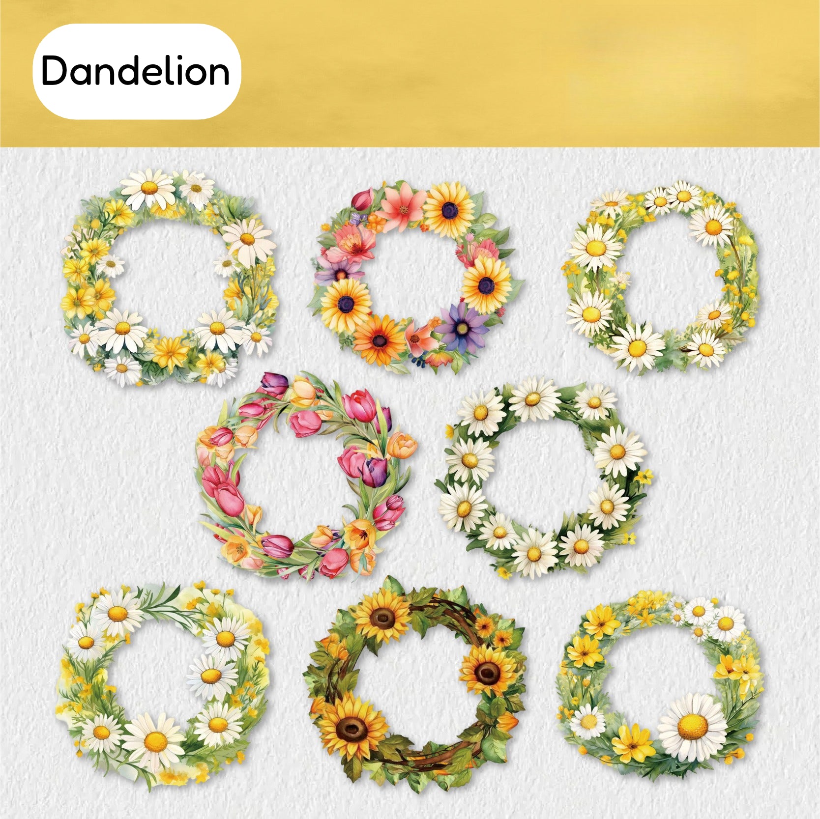 Dandelion style floral wreath sticker sheet with yellow daisies, sunflowers, and warm flower wreaths