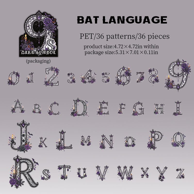 Bat Language style: 36 purple gothic letters and numbers