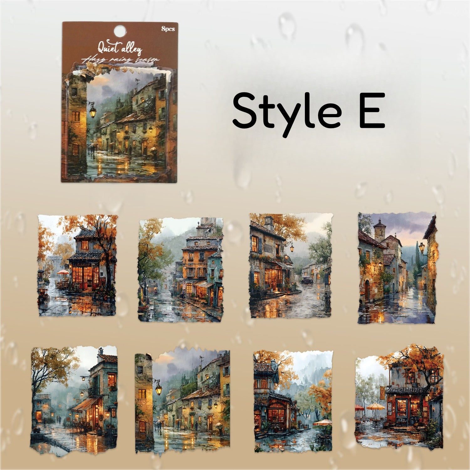 Misty Rain cityscape sticker pack with rainy streets, buildings, windows, and wet-weather scenes - image 9