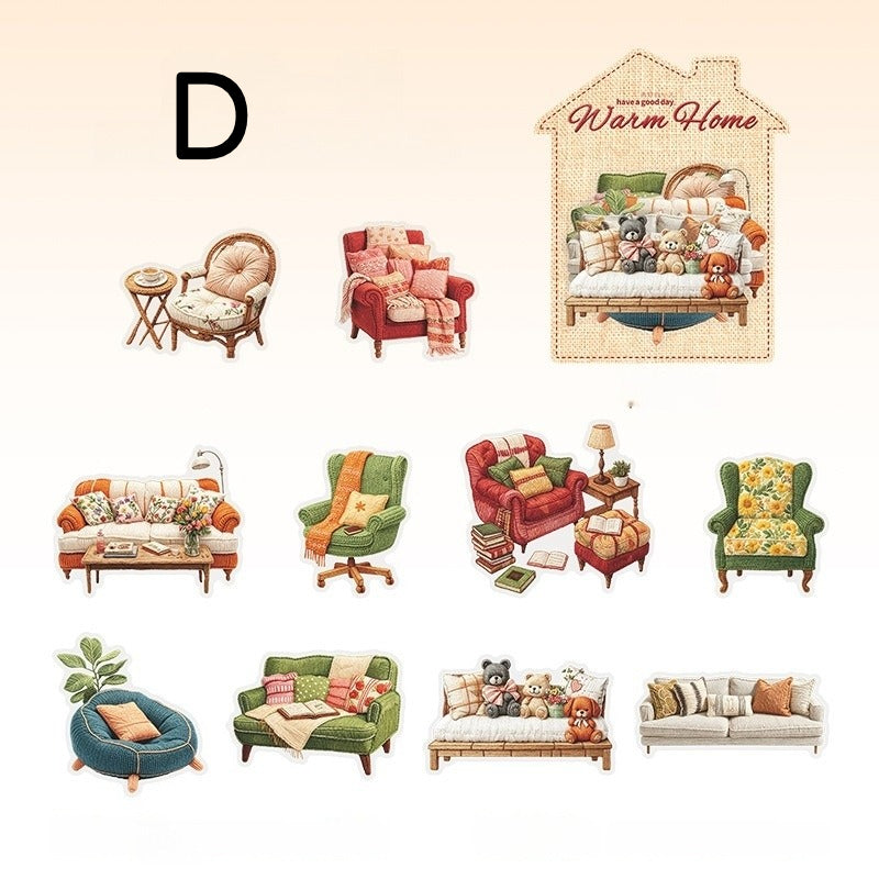 Style D cozy sofa sticker sheet with armchairs, couches, pillows, and warm living room pieces