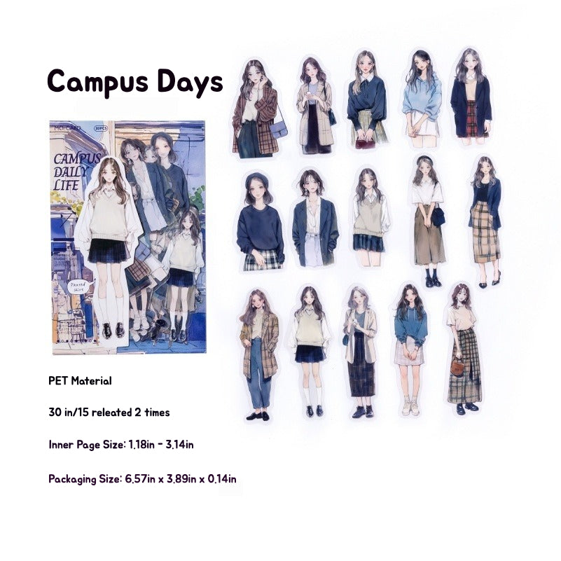 A set of Campus Days PET journaling stickers showing various young women in casual and campus fashion, Shroomi.