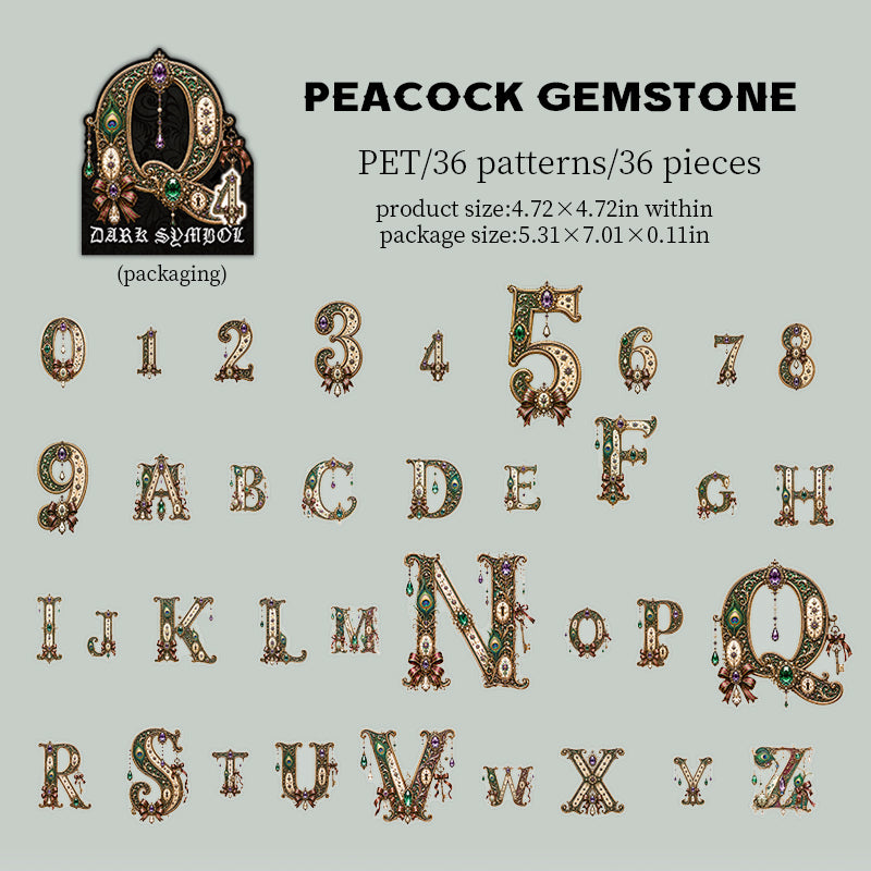 Peacock Gemstone style: 36 jeweled letters and numbers
