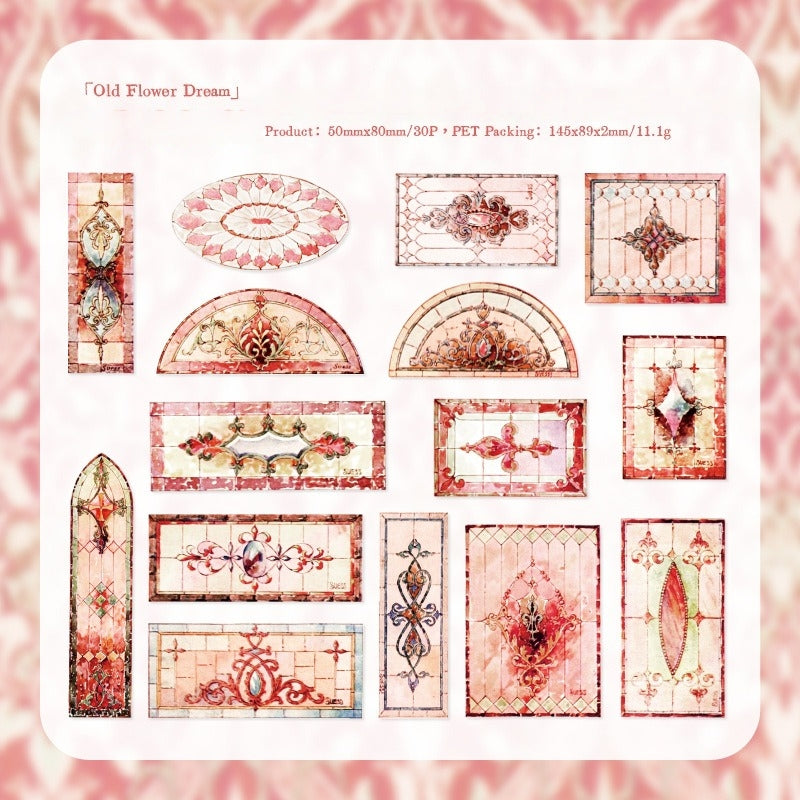 Old Flower Dream stained glass sticker sheet with pink floral window panels and vintage frames