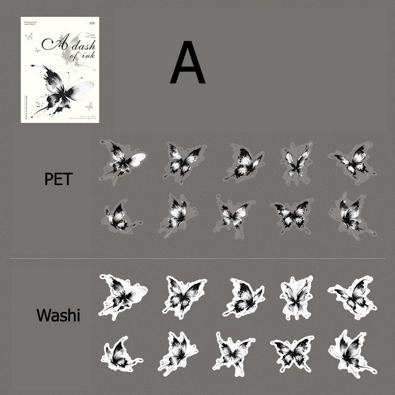 Minimalist ink-wash floral sticker design in soft monochrome tones
