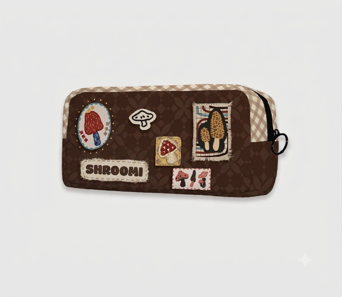 Mushroom patch fabric pencil case with zipper for journaling stationery