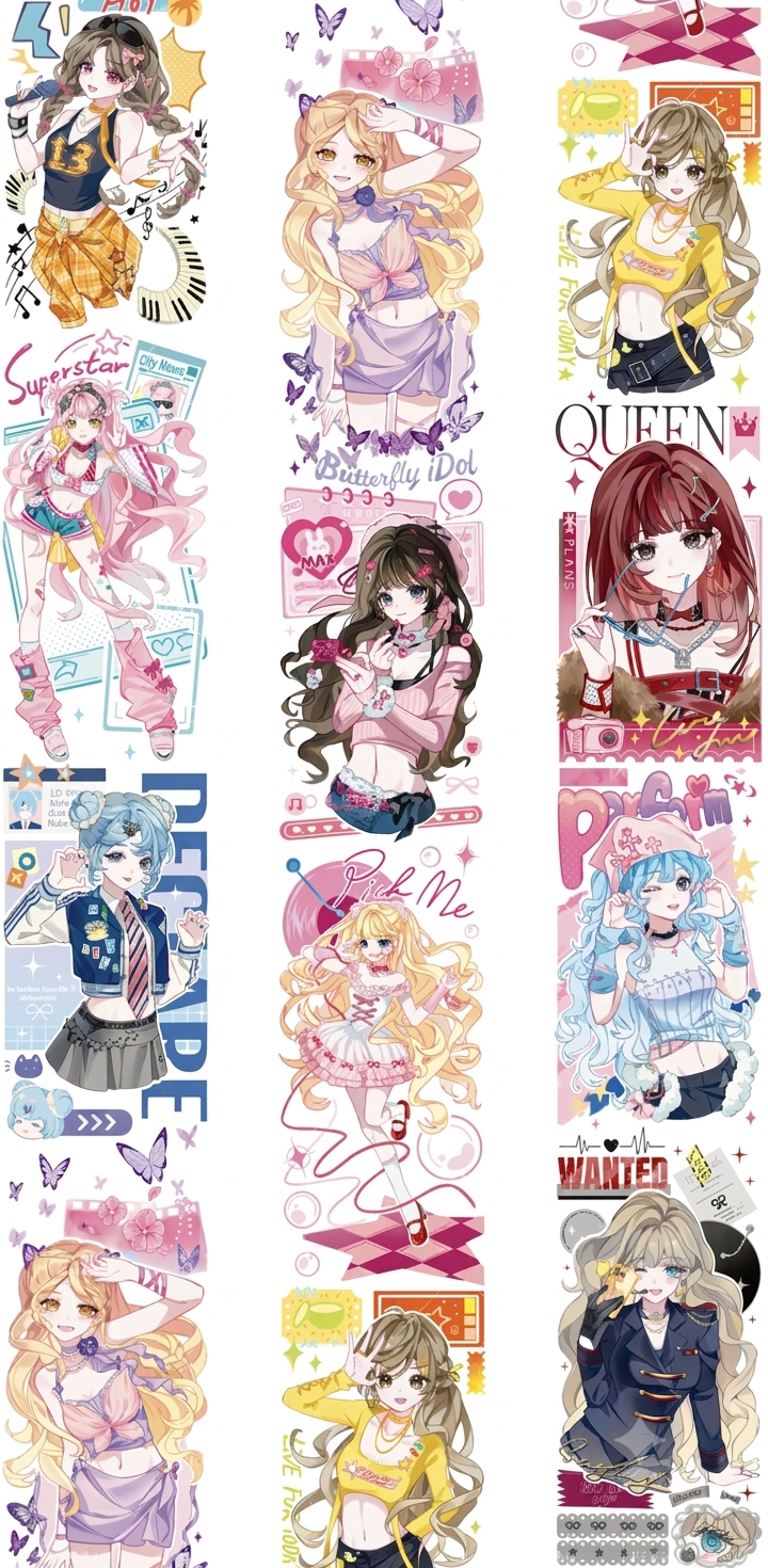 Idol girl group decorative tape with modern character illustrations