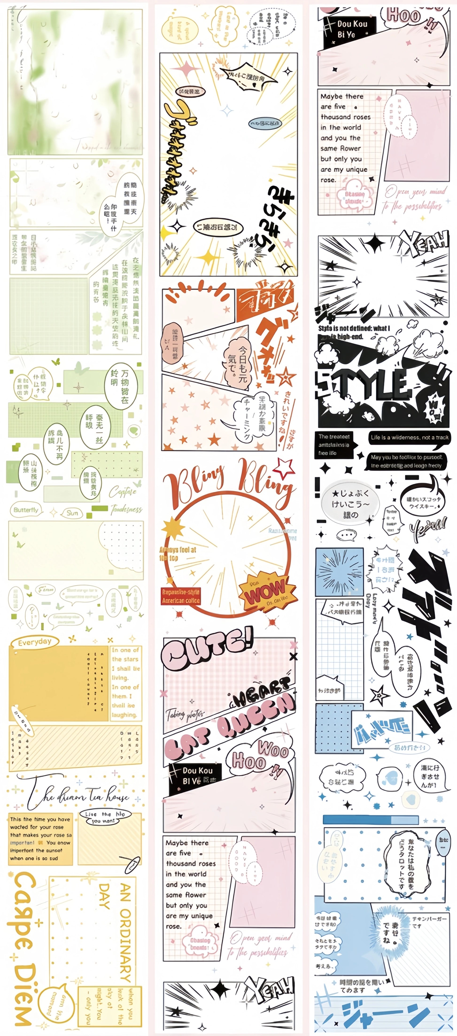 Manga storyboard panel decorative tape with comic frames and speech bubbles