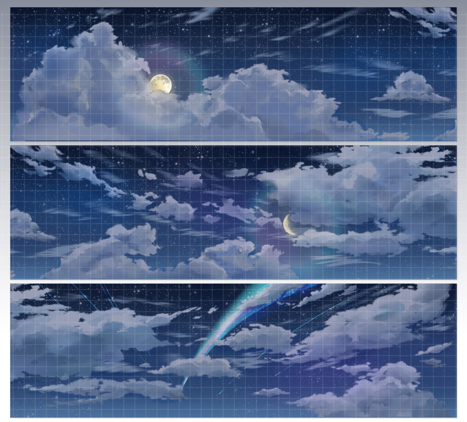 Three panels of a night sky with clouds, moon, and rainbow.