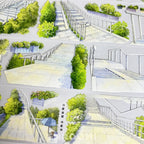 Watercolor illustration of outdoor stairs and lush greenery decorative tape, Shroomi