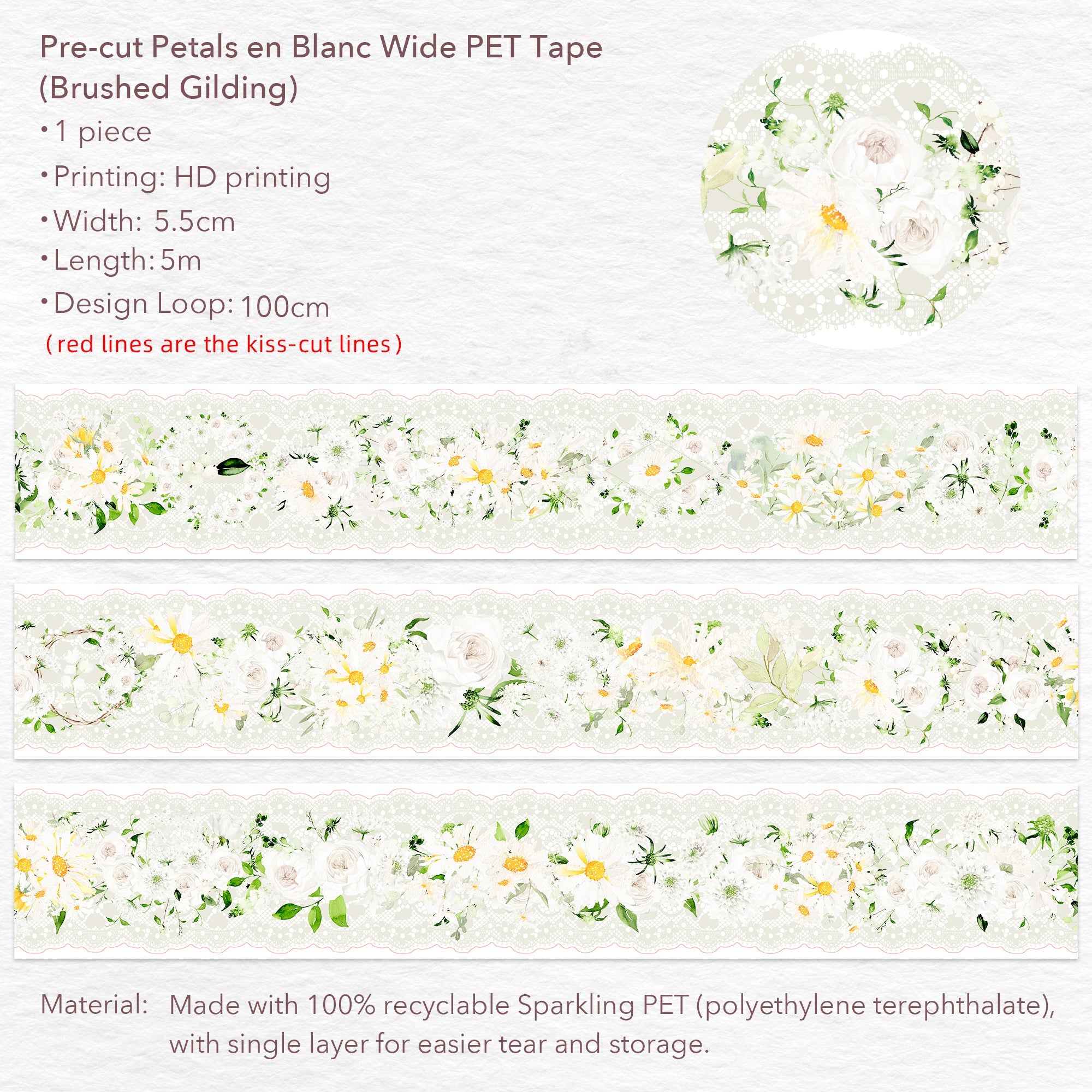 Pre-cut Petals en Blanc Wide PET Tape